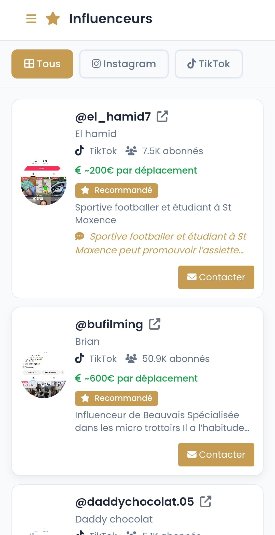 Liste des influenceurs